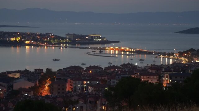 Cunda Island and Ayvalik Bay City Lights at Twilight