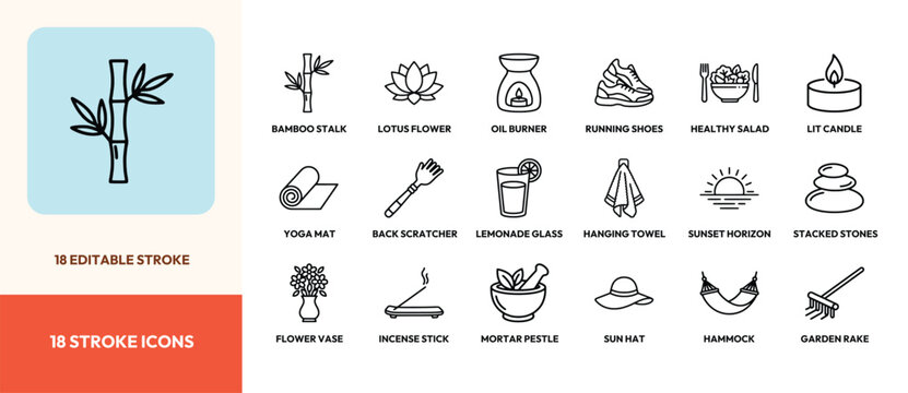 Set of eighteen line icons for spa wellness health and relaxation theme with editable stroke