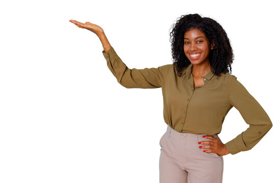 Confident black woman presenting copy space, smiling and gesturing for product placement, transparent background