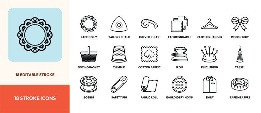 Set of fifteen sewing and tailoring icons with editable stroke for fashion design and craft projects