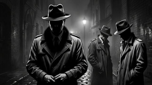 Three mysterious men in trench coats and fedoras standing in a dark foggy city alleyway.
