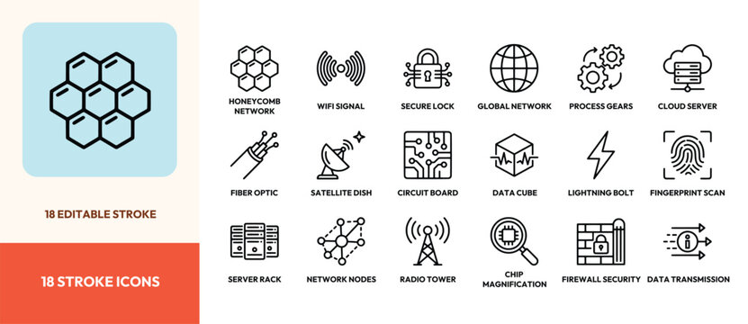 Set of fifteen thin line technology icons for network server and digital data security concepts