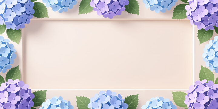 Blue and purple hydrangeas with green leaves delicately framing a soft beige rectangle, symbolizing floral elegance and a calm, serene atmosphere, perfect for decoration or designs.