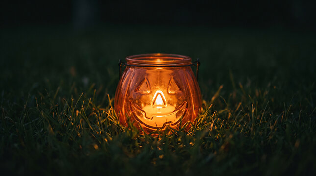 Glowing jack-o-lantern candle holder on grass at night for Halloween holiday decoration