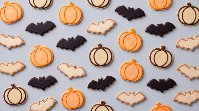 Halloween cookies pattern with pumpkin and bat shapes on a light grey background