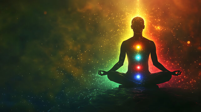 A silhouette of a person in a relaxed meditation pose, with seven glowing, translucent chakra energy centers precisely aligned along the central axis of the body from the base of the spine to the crow