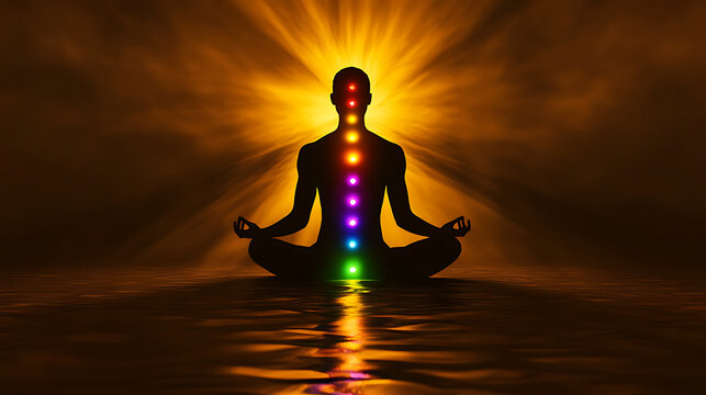 A silhouette of a person in a relaxed meditation pose, with seven glowing, translucent chakra energy centers precisely aligned along the central axis of the body from the base of the spine to the crow