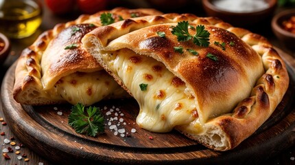 Two calzones stuffed with melted mozzarella cheese served on wooden board. Baked dough halves reveal gooey cheese filling. Fresh parsley garnishes pasta dish. Tasty Italian food.