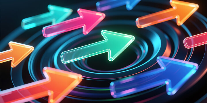 Colorful, glowing arrows spinning around a central point in a mesmerizing spiral pattern with varying directions and colors surrounding the dominant green arrow.