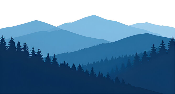 Mountain, landscape, blue, forest, nature, silhouette, vector, graphic, isolated, adventure, hiking, camping, exploration, tourism, alpine, wilderness-view, skyline
