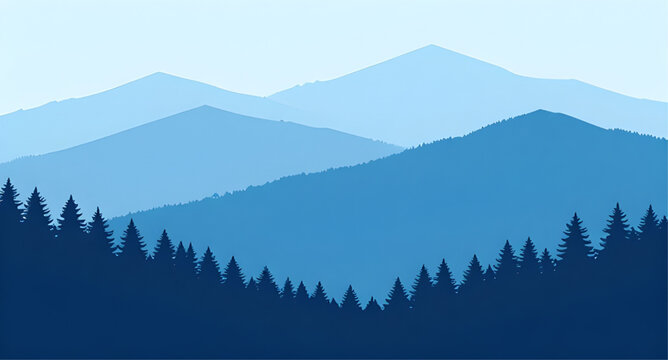 Mountain, landscape, blue, forest, nature, silhouette, vector, graphic, isolated, layered, gradient, blue-mountains, foggy, misty, horizon, calm, serene