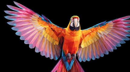 Fototapeta premium Polygonal parrot bird flies with spread wings. Vibrant geometric low poly macaw has translucent colorful feathers against black background. Digital art style.