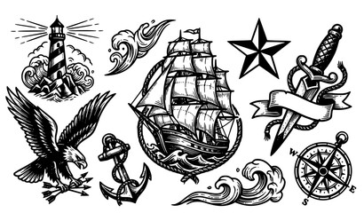 Fototapeta premium Vintage Nautical Traditional Tattoo Flash Set with Ship Anchor Compass and Eagle Vector