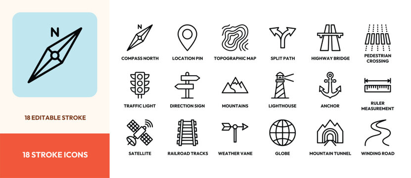 Set of eighteen linear stroke travel navigation and map location icons for web and mobile design