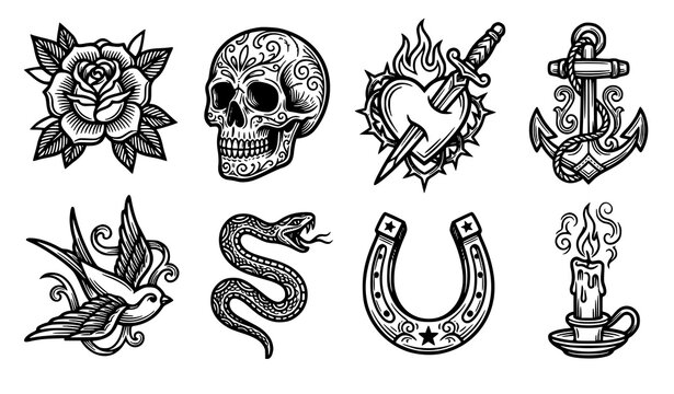 Vintage Traditional Tattoo Flash Sheet with Skull Rose Heart Dagger Anchor and Snake Vector