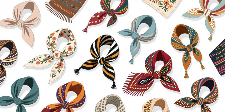 A pattern of variously designed scarves and fabrics featuring floral, striped, and polka dot patterns in a cartoonish style on a white background.