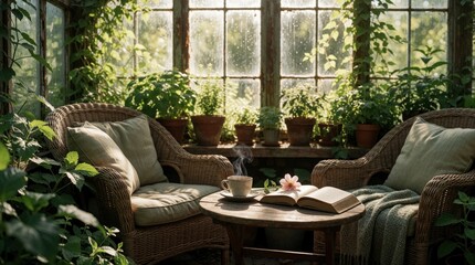 Fototapeta premium Cozy greenhouse reading nook with wicker chairs, steaming coffee, open book, abundant plants. Sunlight streams through old windows, creating tranquil, warm atmosphere. Perfect spot for quiet