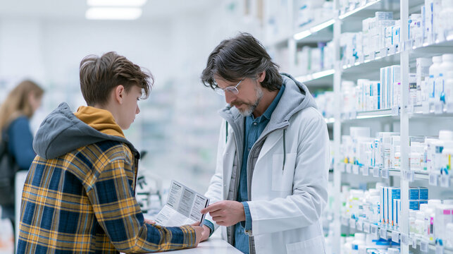 Male pharmacist assisting a teenage boy in a modern pharmacy.