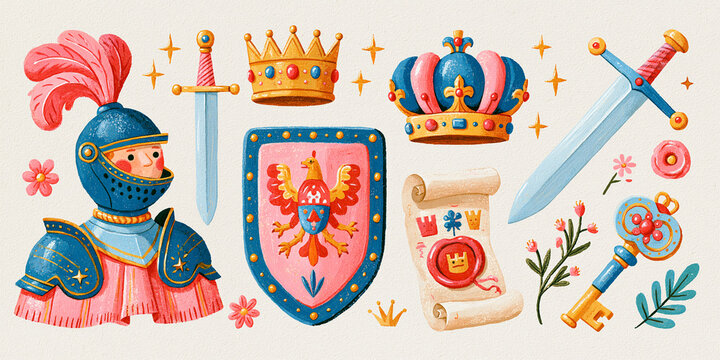 Colorful knight illustration featuring armor, crown, sword, and royal symbols.