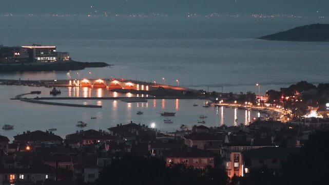 Dusk City Lights over Ayvalik and Cunda Island Coastline