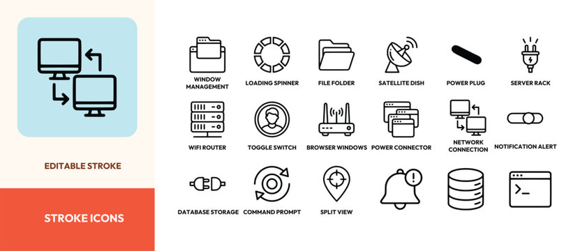 Set of simple black line icons for network technology computer hardware and digital web interface