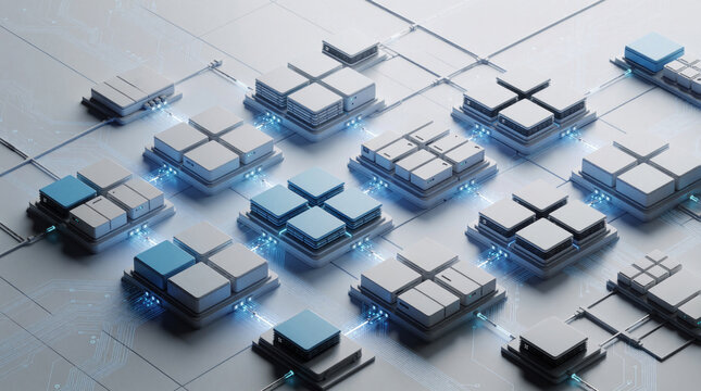Abstract digital network with interconnected modules and glowing data flow. Modern computing system design with complex circuit board patterns. Tech infrastructure for data processing.