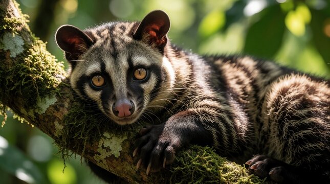Civet cat reclines on mossy tree branch. Close up jungle animal with striking fur pattern and amber eyes looks directly at camera. Peaceful wildlife portrait in forest.