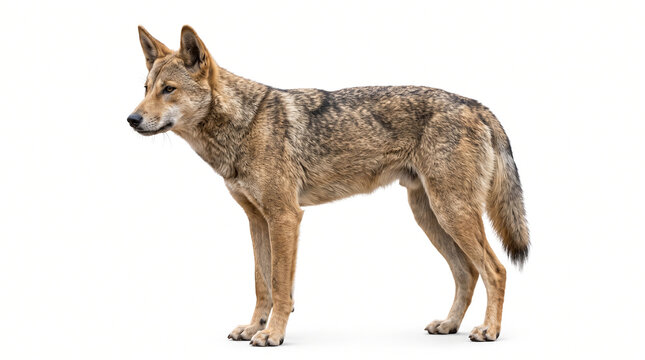 Ultra-realistic wild dingo standing naturally in side three-quarter profile, lean body, pointed ears, striped sandy-brown and gray coat, long tail and detailed facial features