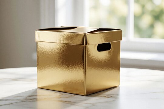 Blank gold metallic ballotin box mockup on marble table. Luxury gift package with handle for wedding, anniversary birthday celebration. Elegant shiny cardboard container for jewelry, sweets small
