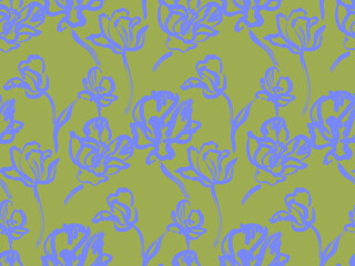 Seamless pattern with silhouettes of tulip flowers painted in green and blue shades for textile and surface design. Summer motif with dynamic botanical composition © Марина Воюш