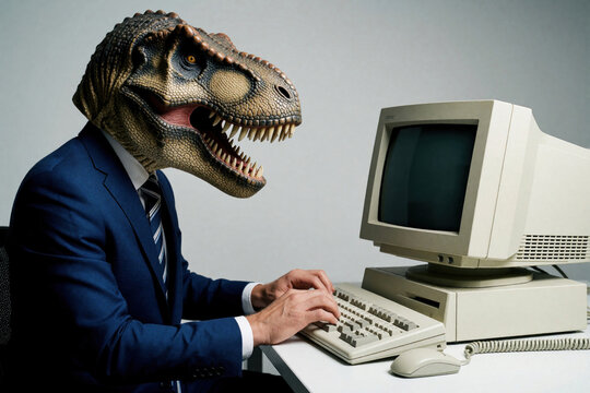 Man in blue suit wearing dinosaur head mask types on old computer keyboard. Funny office worker with reptilian mask works at retro desk with vintage tech equipment.