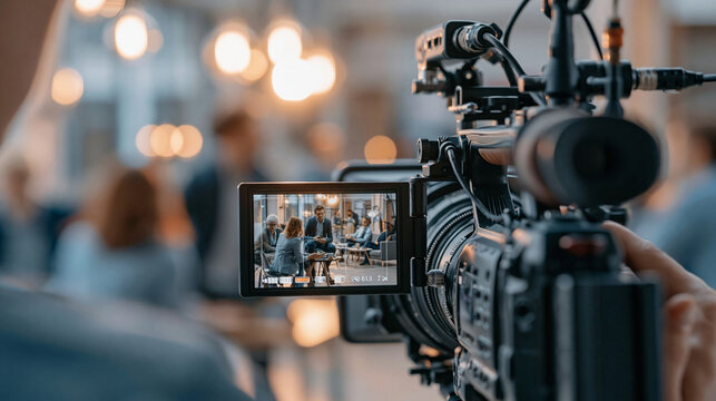 Focused view of a video camera capturing a group discussion in a modern setting.