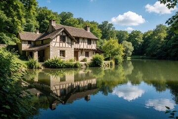 Naklejka premium Old stone house with timber beams rests by calm lake. Rich green forest surrounds building. Clear blue sky reflects on still water surface. Peaceful rural setting.
