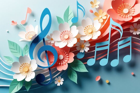 Paper cut flowers and musical notes create spring theme. Vibrant blossoms and leaves blend with treble clef and eighth notes. Joyful, creative design.