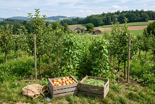 Agroforstsystem mit Obstb&auml;umen und H&uuml;lsenfr&uuml;chten