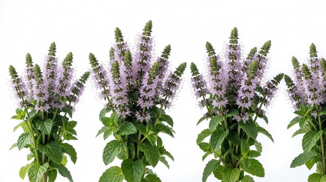 Fresh mint flowers with green leaves on white background. Purple peppermint blossom sprigs grow in garden. Natural herbal plants for organic tea, cosmetic ingredient medicinal aromatherapy. Close up
