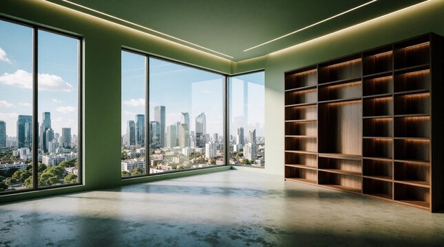 Modern empty room corner with large corner window offering cityscape view. Built in wood shelving unit provides ample storage. Sunlight streams onto concrete floor.
