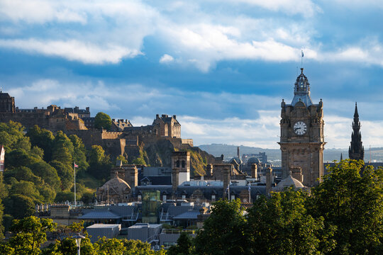 Edinburgh skyline with castle on hill and clock tower, Scotland