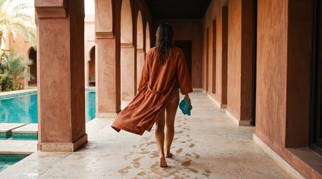North African woman in turquoise one-piece swimsuit with open rust robe walking through warm plaster corridor past pool with spontaneous side head turn, cinematic editorial