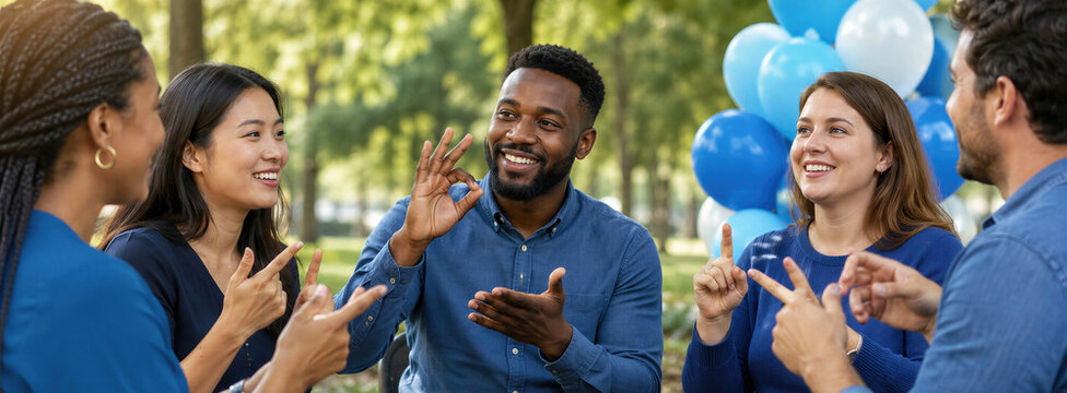 Diverse group of friends communicating with sign language in park with balloons. People using hand gestures for deaf communication. International Deaf Day celebration concept. Banner with copy space