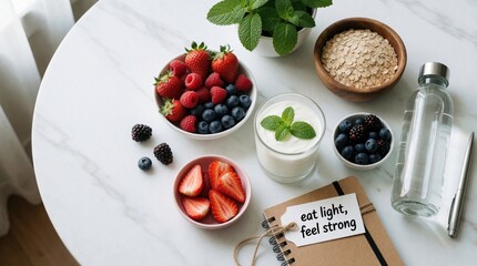 Naklejka premium Healthy breakfast bowl with oats, yogurt, fresh berries, mint on white marble table. Top view shows strawberries, blueberries, raspberries, blackberries, notebook with inspirational text. Glass water