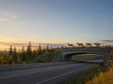 Wildlife crossing bridge spanning a quiet divided highway at sunset with trees and native vegetation creating a safe route for animals while connecting habitats across transportation corridors