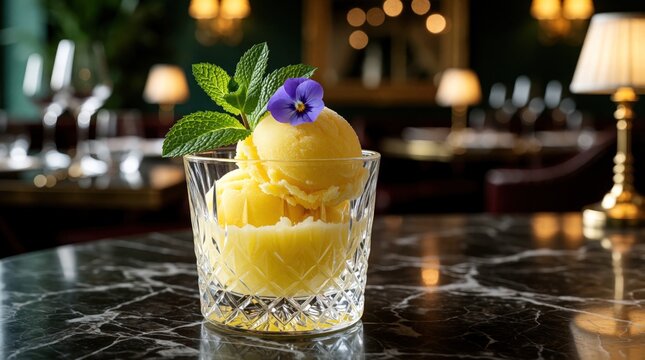 Lemon sorbet refresher in crystal glass with mint and purple flower. Served on dark marble table in a luxury restaurant. Palate cleanser is bright and cold.