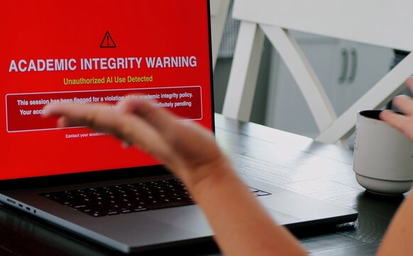 Adult college student uses artificial intelligence AI chat bot to write assignment breaking academic fair use policy cheating educational assignment