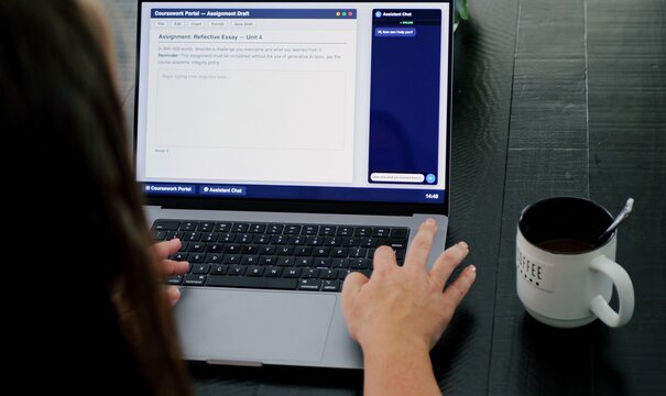 Adult college student uses artificial intelligence AI chat bot to write assignment breaking academic fair use policy cheating educational assignment