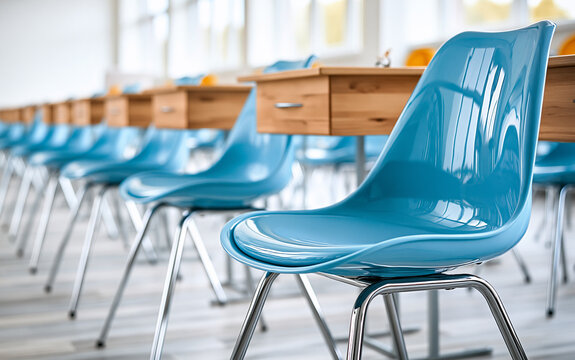 Blue chairs and wooden desks in empty classroom or lecture hall