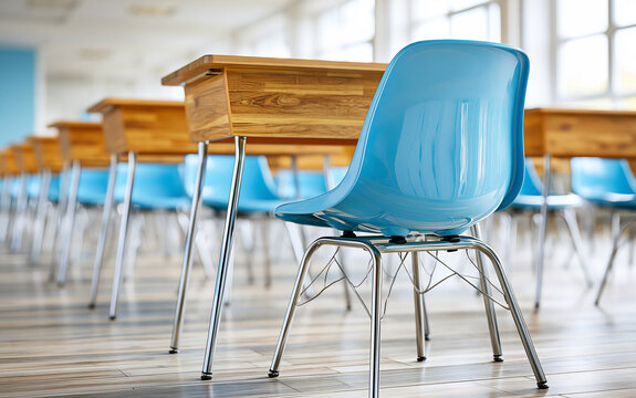 Blue chairs and wooden desks in empty classroom or lecture hall
