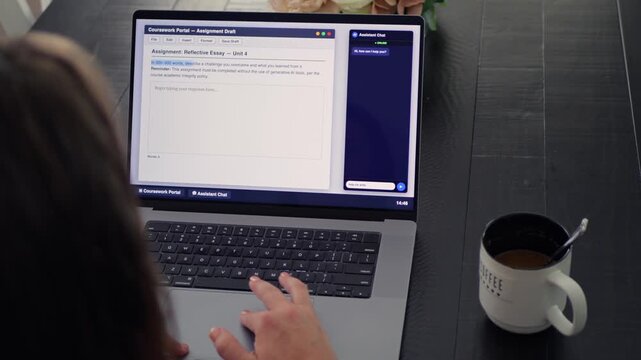 Adult college student uses artificial intelligence AI chat bot to write assignment breaking academic fair use policy cheating educational assignment