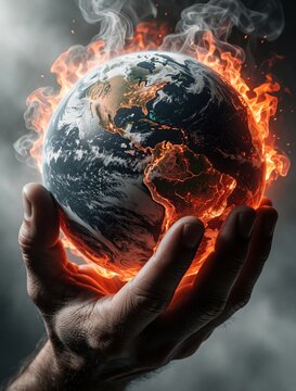 Cracked dry hand cradles burning planet Earth. Flames rise around globe showing global warming crisis. Human action affects world future survival.