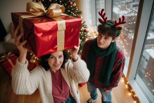 Woman presents a large red Christmas gift to her admiring teenage son by a brightly lit window.